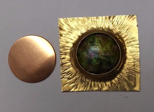 Judy Larson's Fold Formed Cuff With Faux Roman Glass or Coin Cabochon - , Metalwork, Cutting, Cutting Tool, Cutters, Dapping, Dapping Jewelry, Filing, Finishing, Forging, Forging Jewelry, Jewelry Forging, How To Punch Holes, Hole Punching, Punch A Hole, Oxidizing Wire, Oxidizing, Antiquing Wire, Antiquing, Riveting, Riveting Techniques, Wire Rivets, Sawing, Saw, Wire Saw, Texturing, Drilling, Drill, Fold Formed Faux Roman Glass Cuff